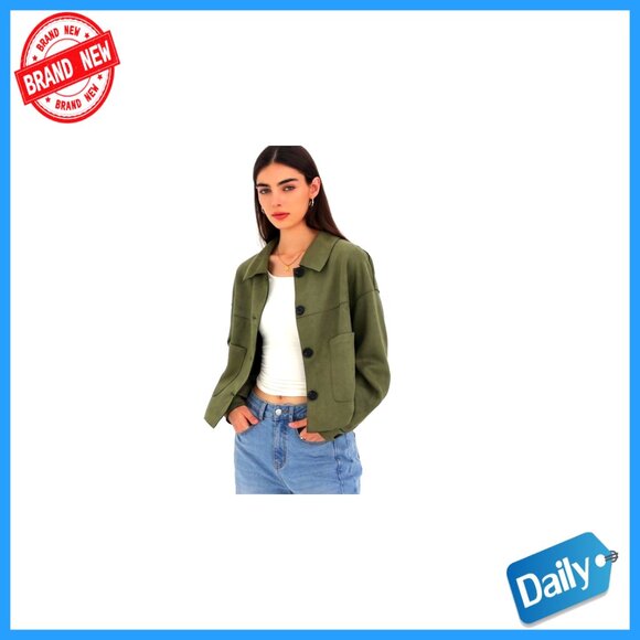 Faux Suede Cropped Jacket Long Sleeve Button Front Relaxed Fit Casual - Picture 6 of 7